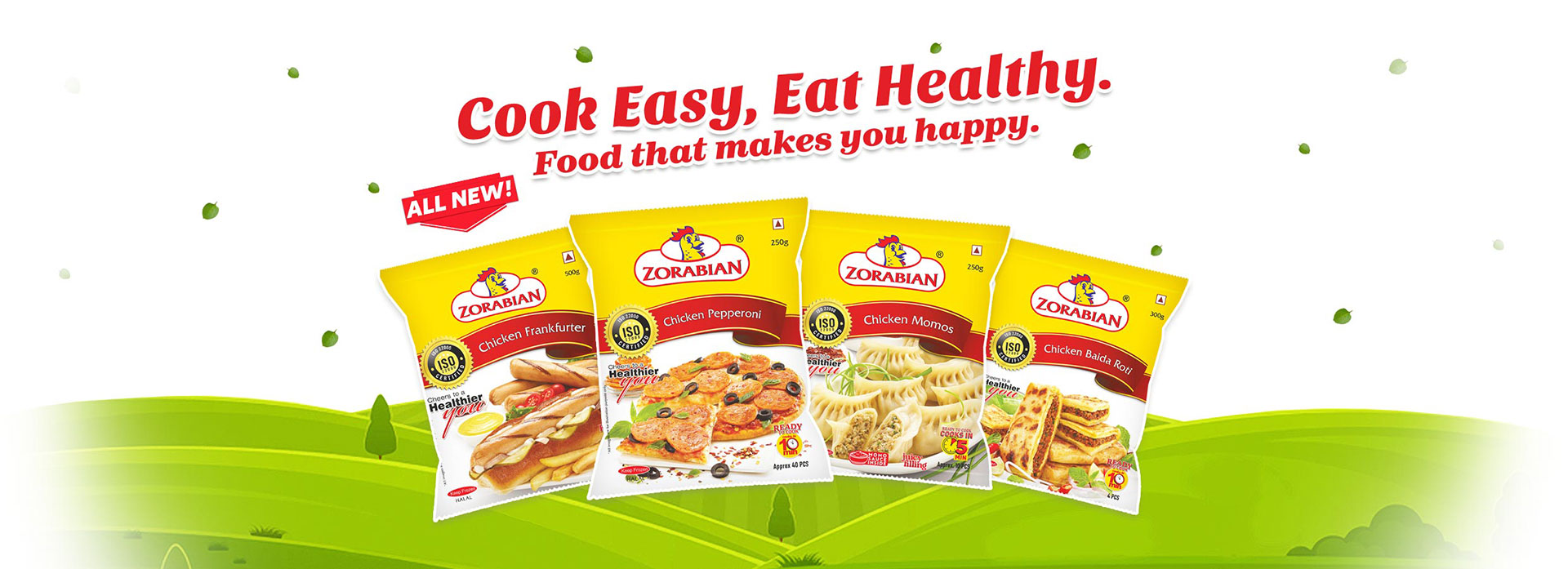 An image featuring packages of Zorabian Chicken Frankfurter, Chicken Pepperoni, Chicken Momos, and Chicken Balda Rot, with text promoting easy cooking and healthy eating on a green background.