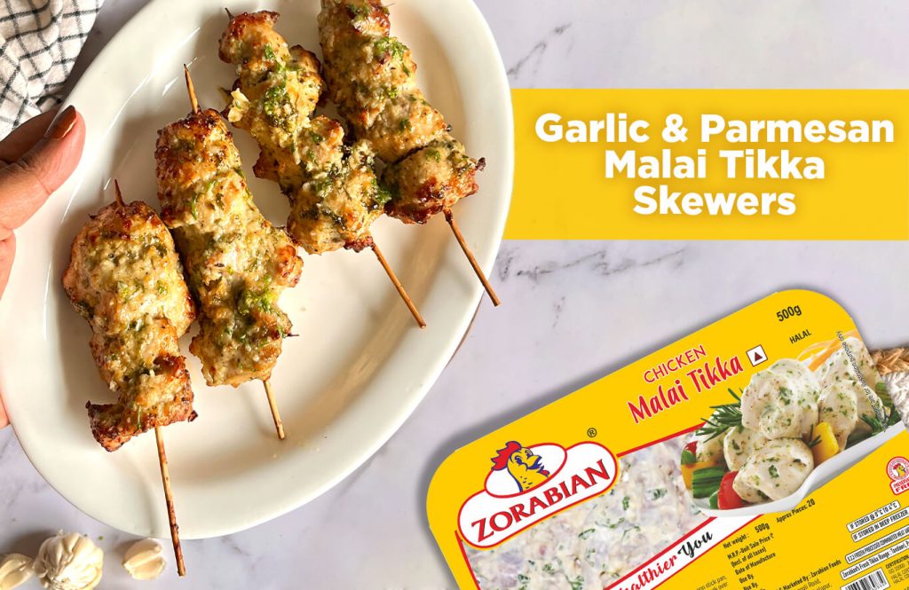 Garlic & Parmesan Malai Tikka Skewers Recipe s - Antibiotic free - Hormone Free - Zorabian Chicken - Order Fresh Chicken Online