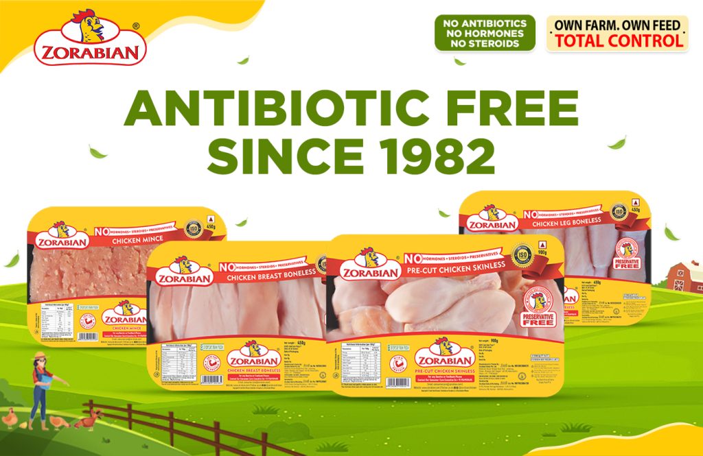Antibiotic-free chicken product range including Chicken Mince, Chicken Breast Boneless, Chicken Pre-Cut Skinless Chicken Leg Boneless.