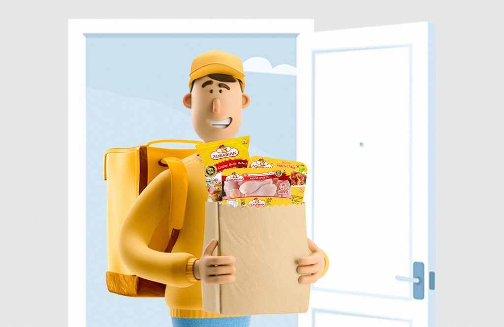 Delivery person holding a grocery bag with Zorabian chicken products at the doorstep.