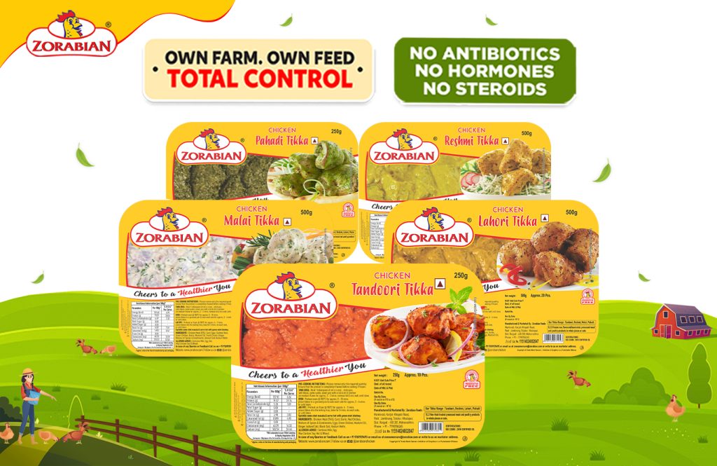 Assorted Zorabian Ready-to-Cook Chicken Tikka packs (Pahadi, Malai, Reshmi, Lahori, Tandoori) displayed on a green farm background with chickens.