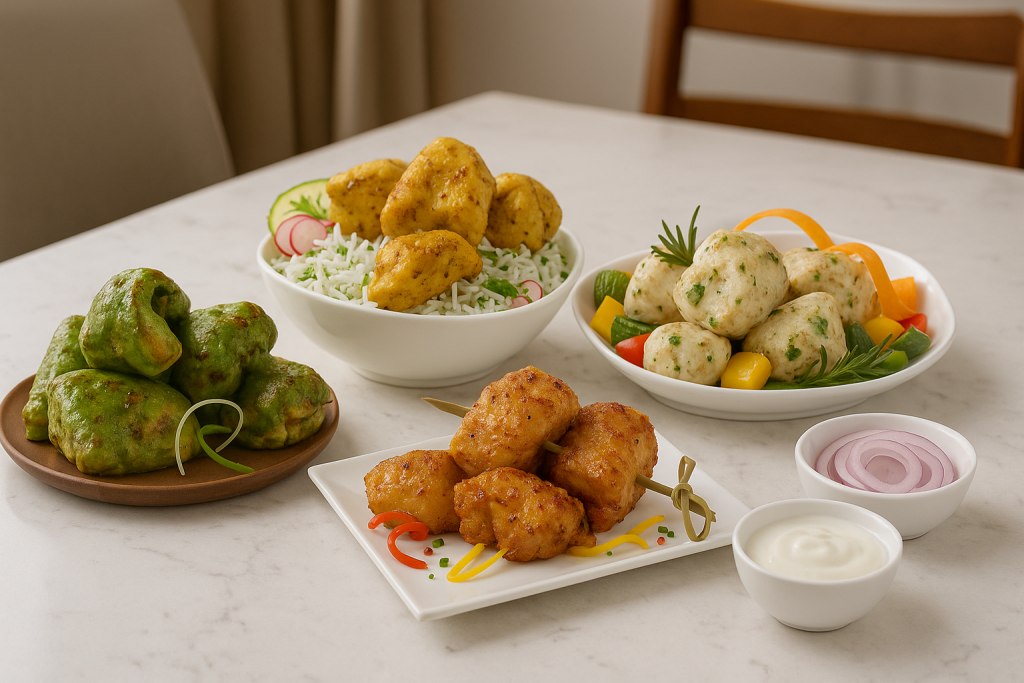 Assorted Indian chicken platter with vegetables, and white rice, served with onion rings and yogurt dip on a marble table.