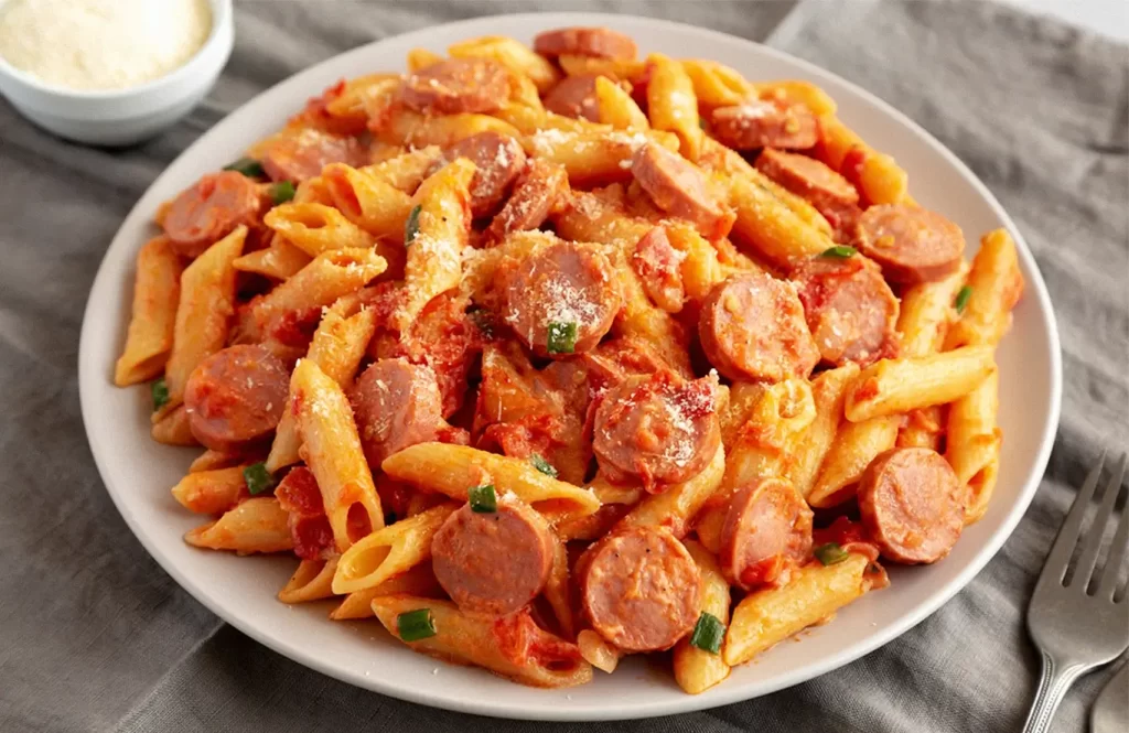 Penne pasta with sliced chicken cheese and onion sausages in tomato sauce, topped with melted cheese, served with a side of grated cheese.