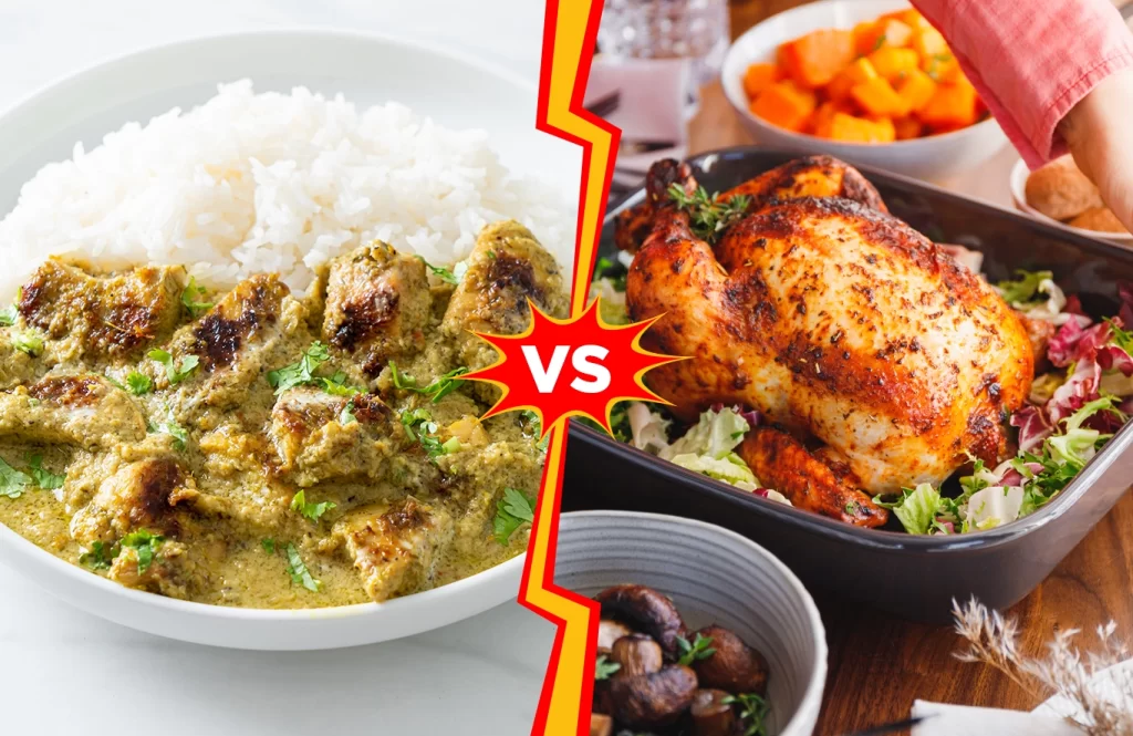 Green chicken curry with rice served in a white bowl, contrasted with a roasted whole chicken in a black dish, featuring a "vs" graphic.