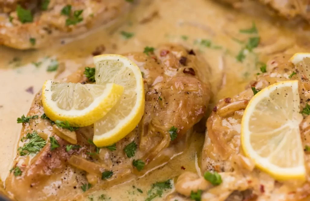 Sautéed chicken breast slices with quinoa in a light lemon sauce, served in a white bowl with a fork.