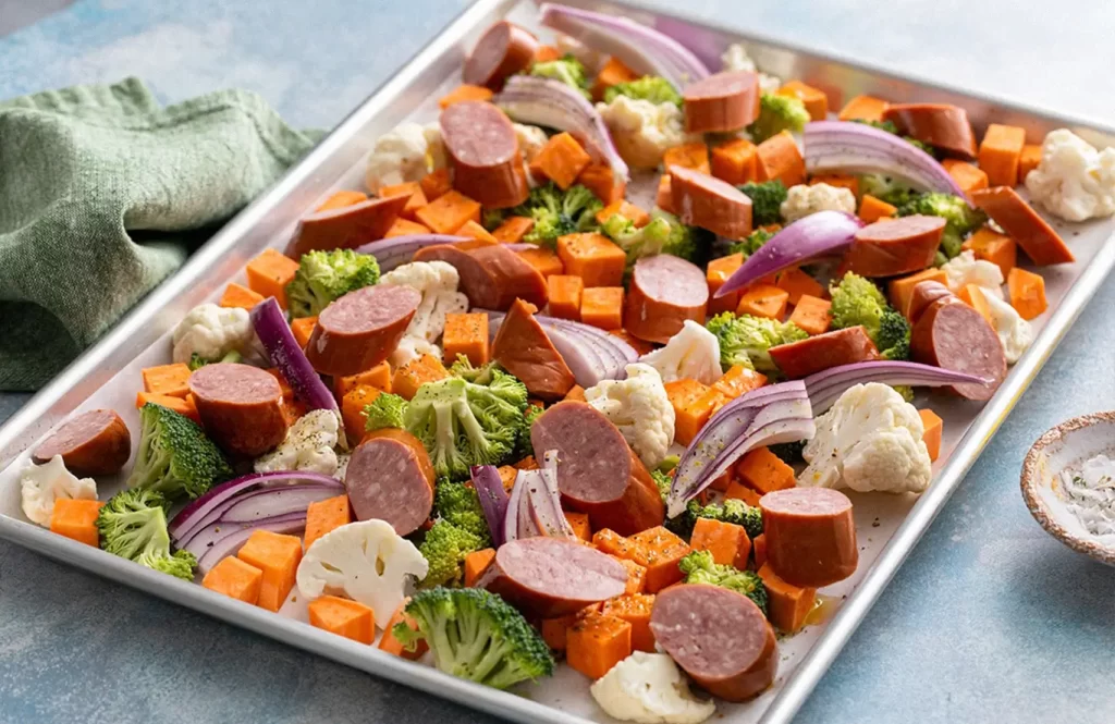 Roasted chicken sausages with cauliflower, green beans, carrots, and onions on a baking tray.