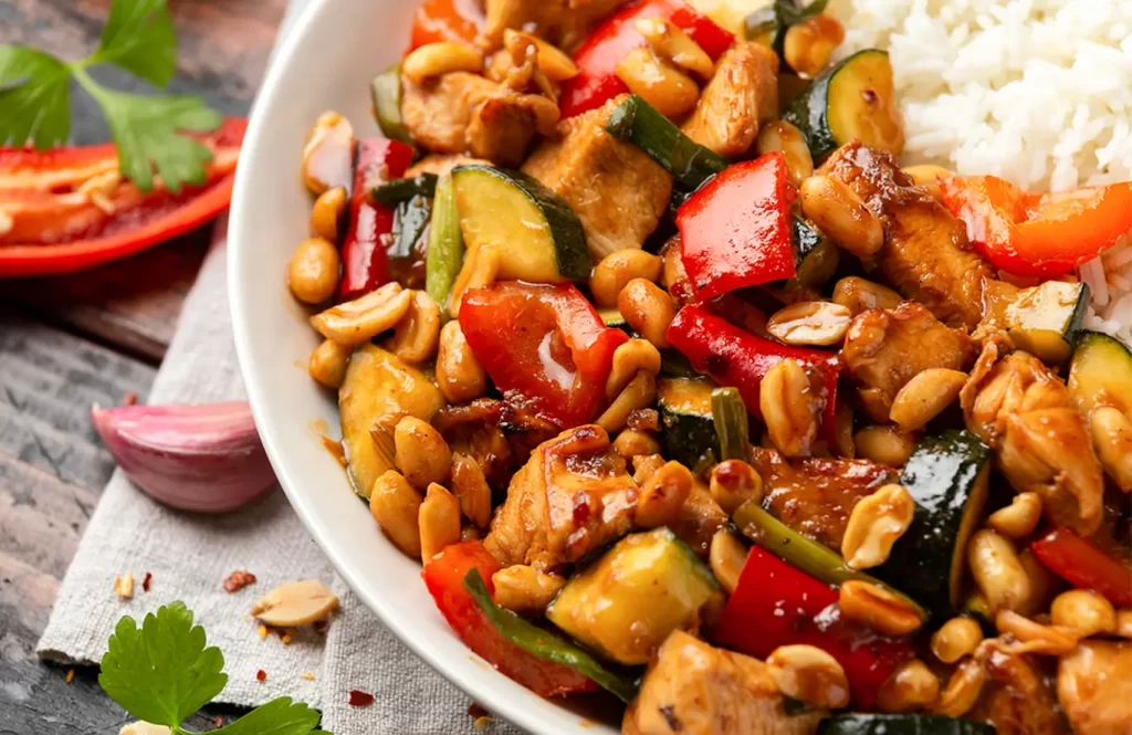 Sautéed diced chicken breast with sliced zucchini in a skillet, seasoned with paprika and soy sauce.