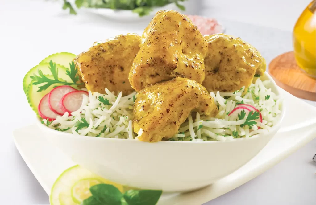 Tender marinated chicken cubes with mild seasoning.