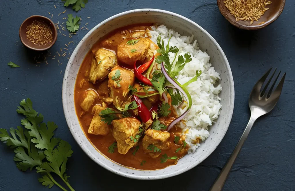 A bowl of chicken curry with tender boneless chicken pieces served with steamed rice and garnished with coriander.