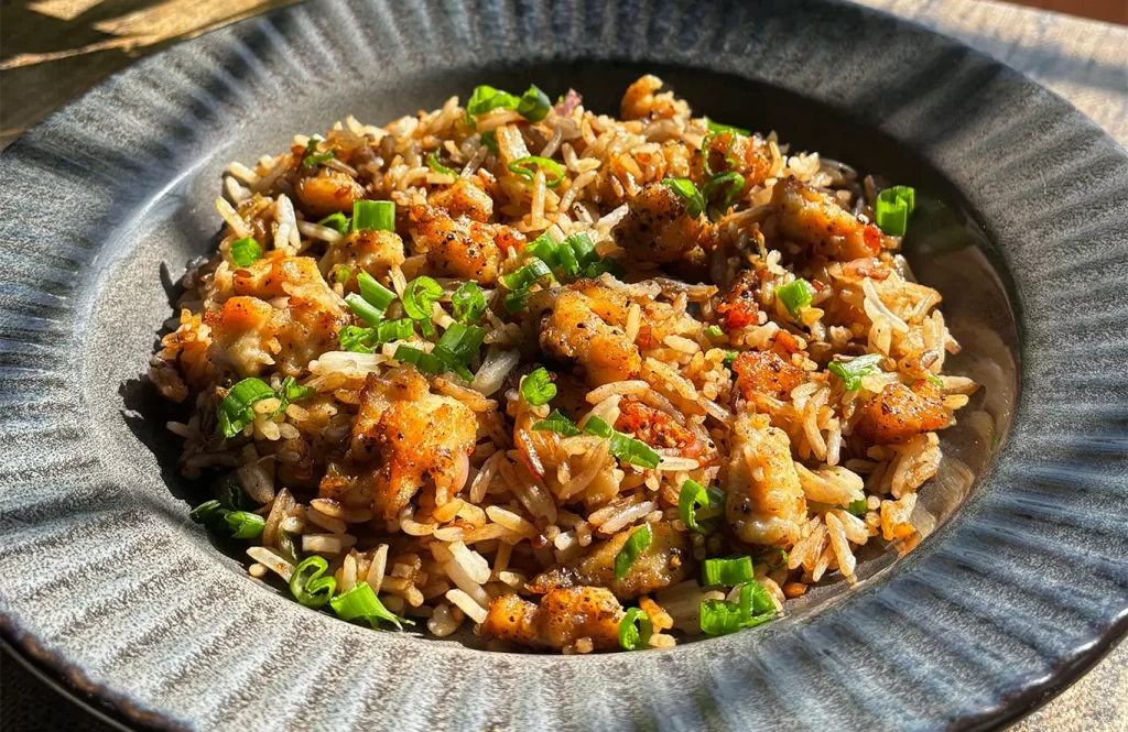A plate of chicken fried rice garnished with chopped spring onions, served on a textured grey dish.