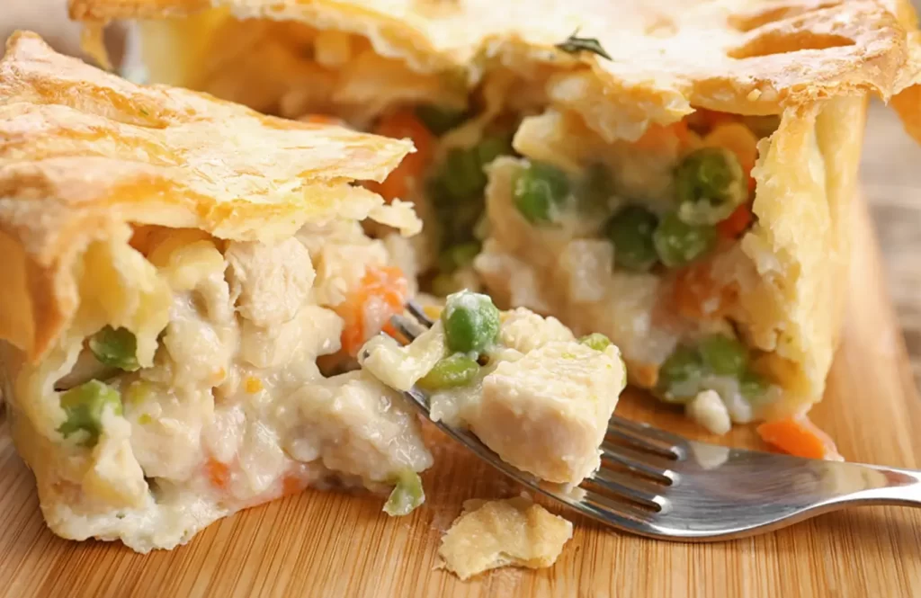 Golden flaky chicken pot pie filled with creamy chicken, peas, and carrots.