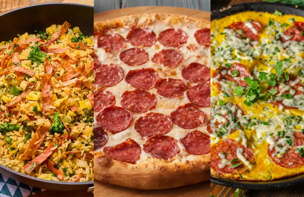 Collage of Zorabian chicken salami recipes including fried rice with salami strips pizza topped with salami slices and cheesy frittata with herbs