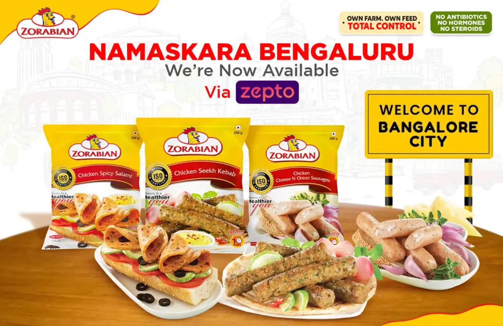 Zorabian chicken products now available in Bangalore via Zepto spicy salami seekh kebab cheese n onion sausages with prepared dishes and welcome sign