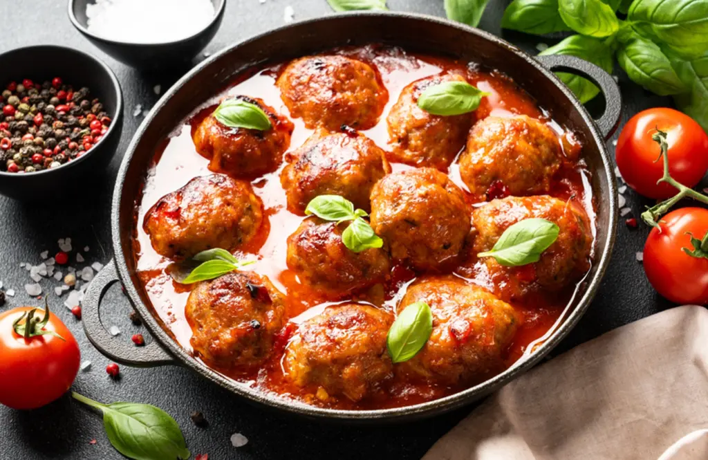 Tender homemade chicken mince meatballs simmering in rich tomato sauce, garnished with fresh basil leaves in a cast-iron skillet