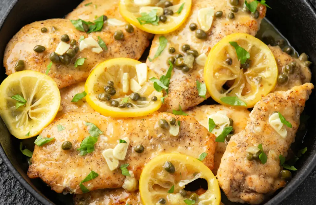 Pan-seared chicken piccata with capers, artichoke hearts, lemon slices, and fresh parsley in a lemon butter sauce, served in a cast iron skillet