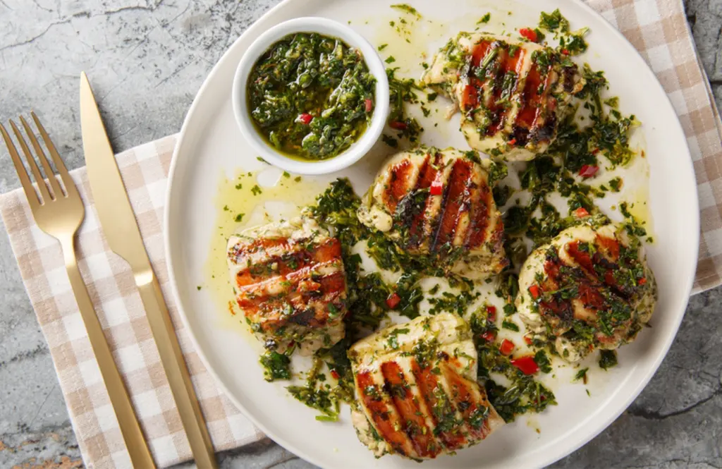 Grilled chimichurri chicken sliced on a white plate with fresh green parsley sauce.