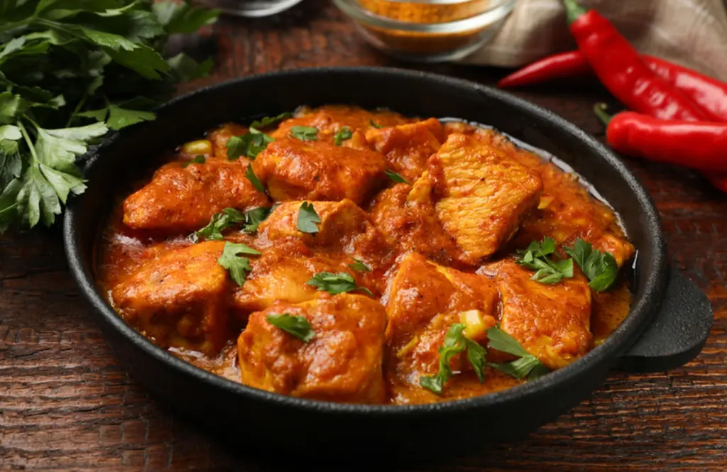 Creamy coconut chicken curry with tender chicken chunks in a rich orange coconut sauce, garnished with fresh coriander in a black cast iron skillet