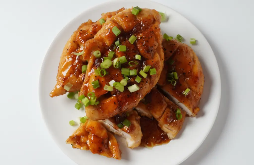 Pan-seared hot honey chicken pieces with a glossy amber glaze and spring onions on a white plate