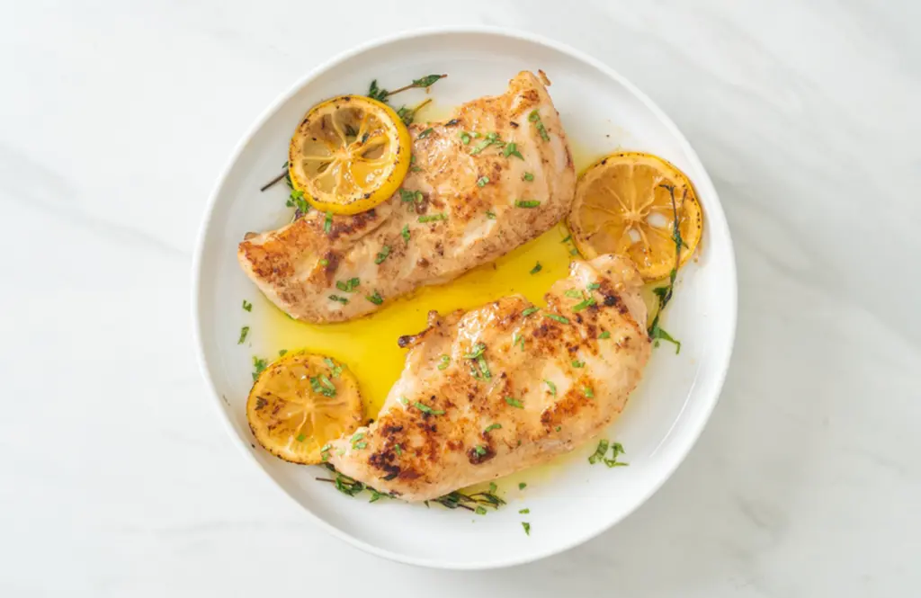 Pan-seared chicken breast fillets with lemon butter sauce and charred lemon slices on a white plate
