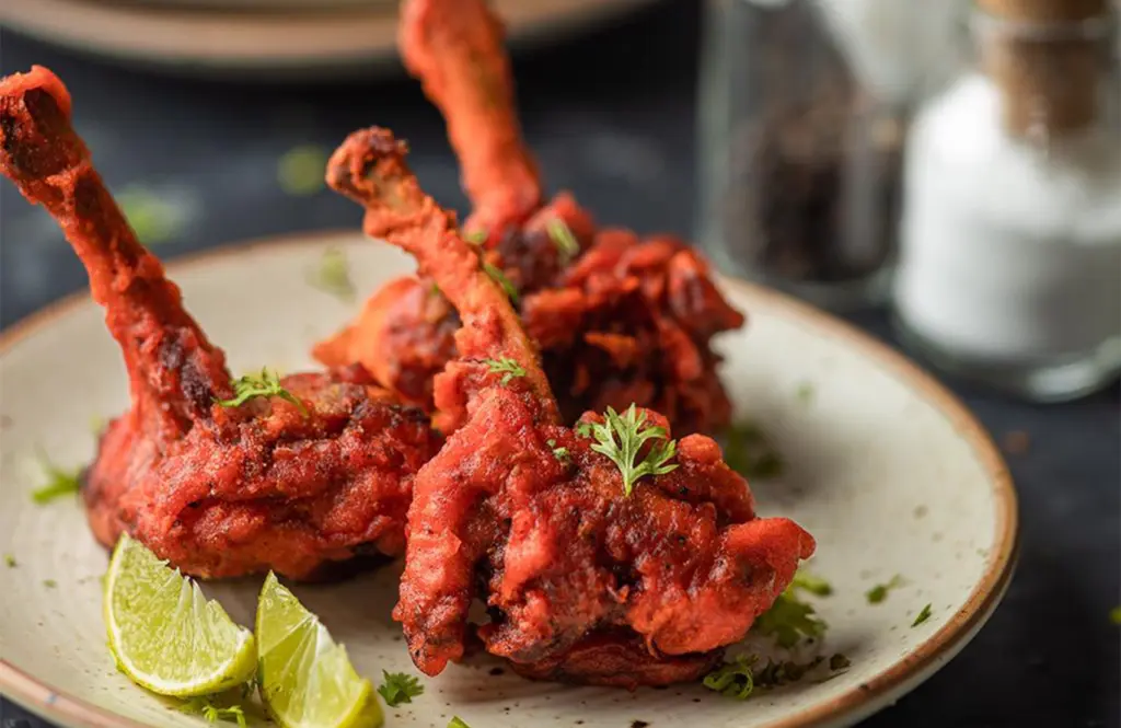 Crispy restaurant-style chicken lollipops on a plate with red sauce coating, garnished with fresh coriander and lime wedges, served on a dark textured surface