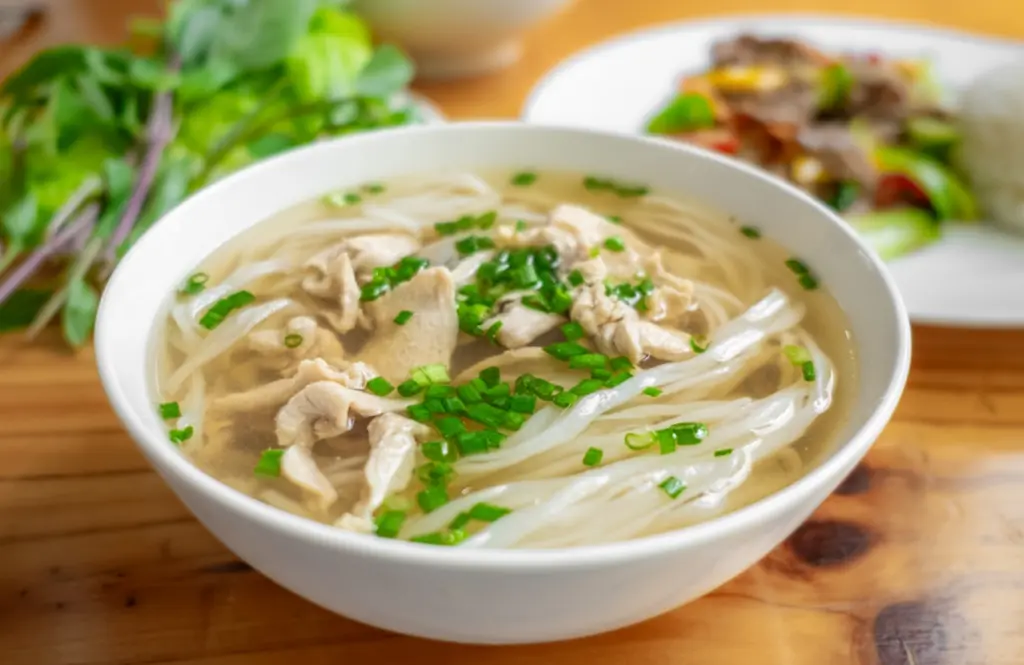 Bowl of comforting chicken noodle soup with tender chicken slices, rice noodles, chopped green onions, and fresh herbs in a clear broth, served on a wooden table with greens and side dishes in the background