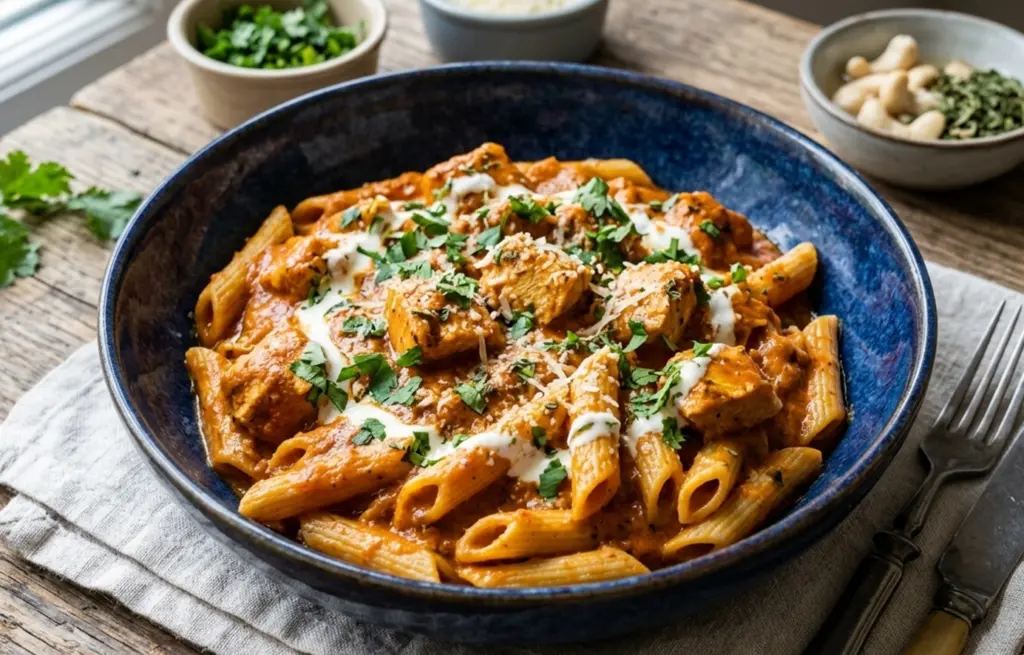 Butter chicken pasta served in a blue ceramic bowl with penne in a creamy tomato sauce, Zorabian boneless chicken cubes, fresh coriander, cream drizzle and grated parmesan