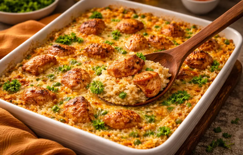 Baked chicken and rice casserole with golden spiced chicken leg boneless pieces, creamy rice, green peas and fresh parsley in a white ceramic baking dish