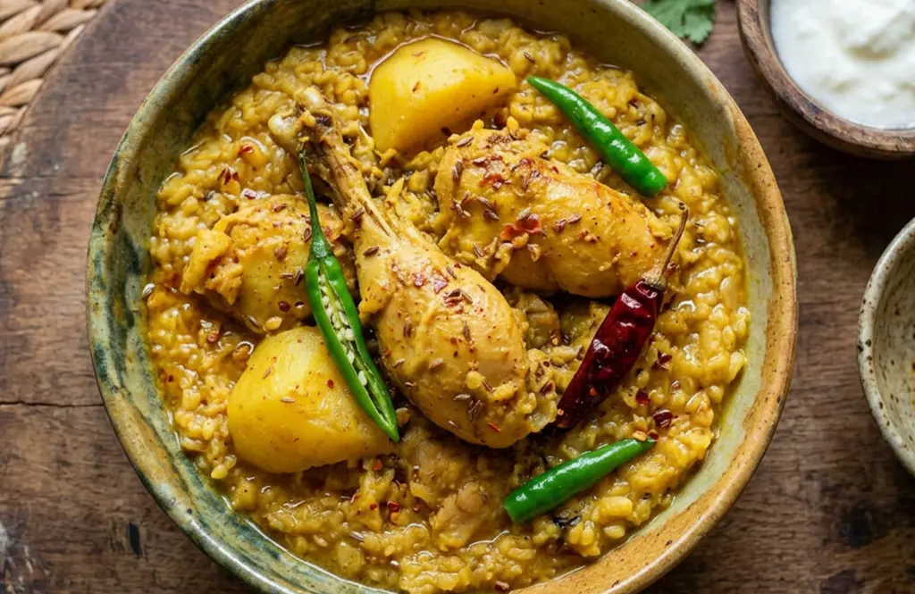 Bowl of chicken khichdi with bone-in chicken pieces, rice, lentils, green chilies and cumin tempering in an earthen bowl