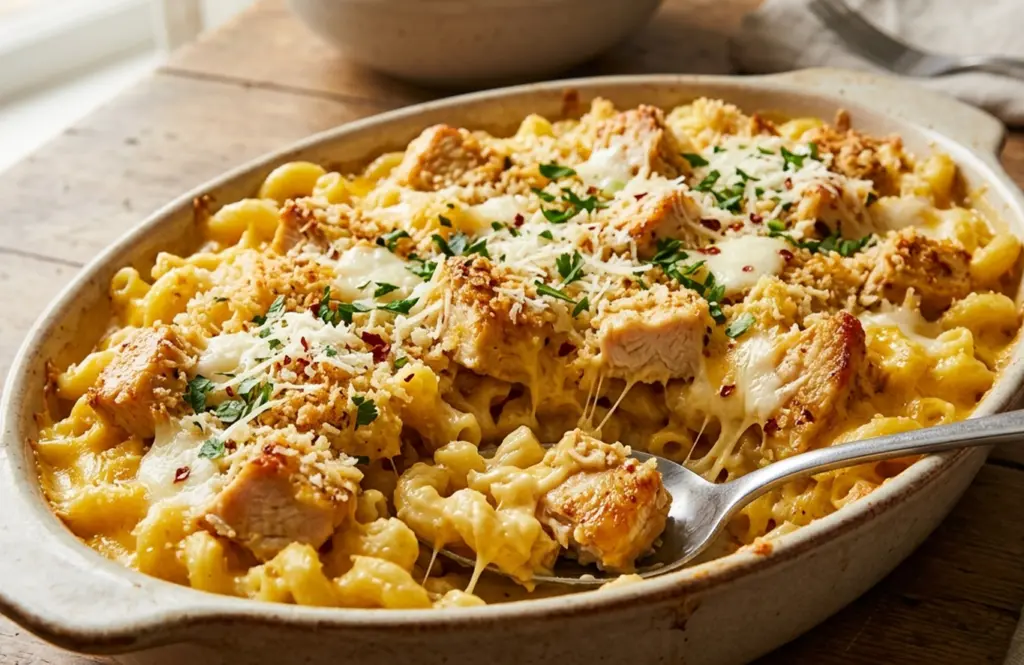Creamy chicken mac and cheese with golden seared chicken pieces in a rich cheddar cheese sauce, baked with crispy topping and fresh parsley