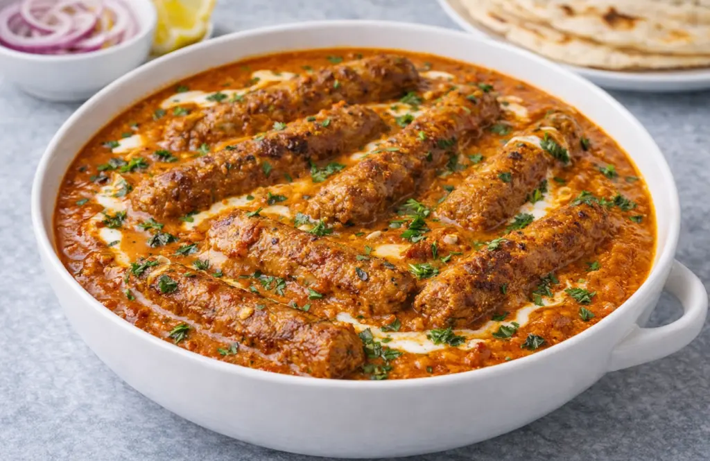 Chicken seekh kebab curry with golden brown kebabs in orange tomato gravy with cream swirls and coriander in white serving dish