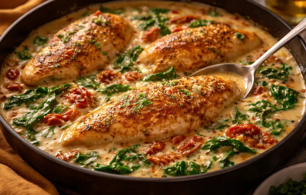 Golden-seared Zorabian Chicken Breast Boneless fillets in a creamy garlic parmesan sauce with wilted spinach and sun-dried tomatoes in a dark skillet