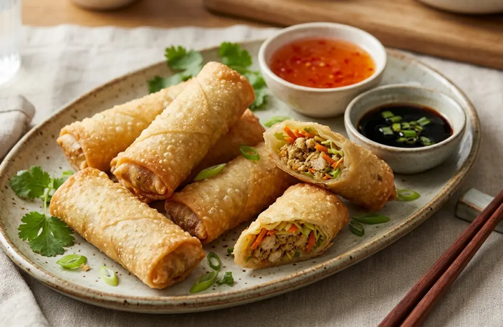Crispy homemade chicken spring rolls served with sweet chilli and soy dipping sauces, made with chicken mince
