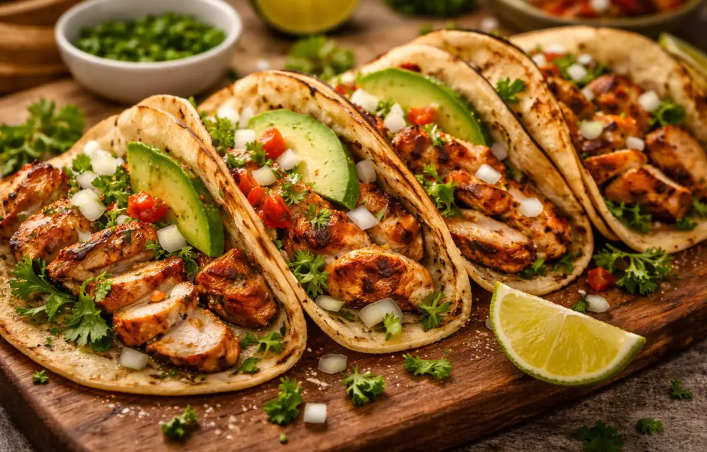 Four grilled chicken tacos on a wooden board topped with sliced Zorabian Chicken Breast Boneless, avocado, diced white onion, pico de gallo and fresh coriander with a lime wedge