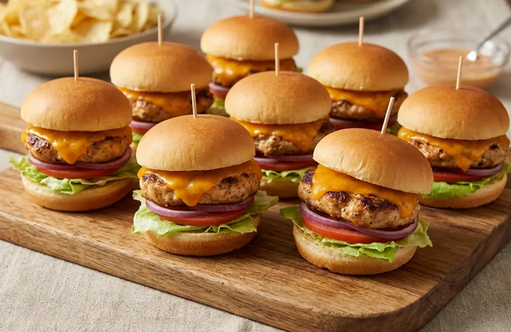 Mini chicken sliders with juicy chicken patties, melted cheese, lettuce and tomato on soft buns arranged on a wooden board