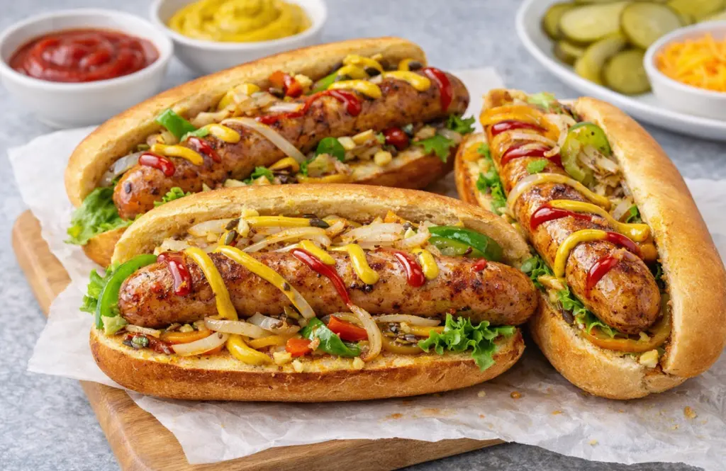 Sausage sandwiches with grilled chicken sausages, sautéed onions, peppers, mustard and ketchup in hot dog buns on wooden board