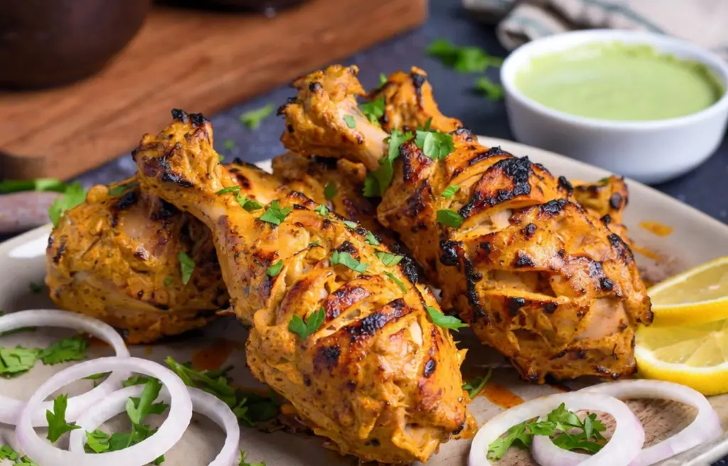 Golden-charred tangdi kebab made with Zorabian Chicken Drumsticks, served on a platter with sliced onion rings, lemon wedges, fresh coriander and mint chutney