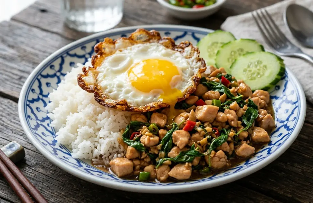 Thai basil chicken stir-fry with crispy fried egg and jasmine rice on blue and white plate with fresh cucumber slices