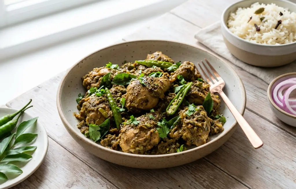 Andhra Chilli Chicken made with Zorabian Chicken Curry Cut in a thick green chilli and ginger-garlic paste with curry leaves and fresh coriander, served with steamed rice, sliced onion and lemon