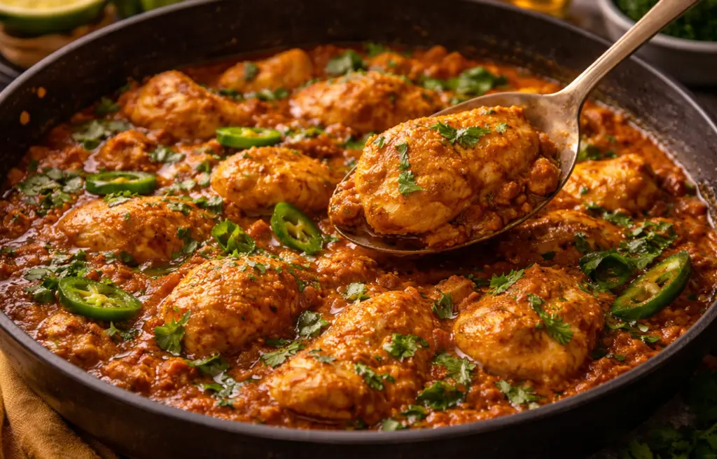 Chicken Achari made with Zorabian Chicken Curry Cut in a rich spiced tomato and yoghurt gravy with slit green chillies and fresh coriander in a dark kadai