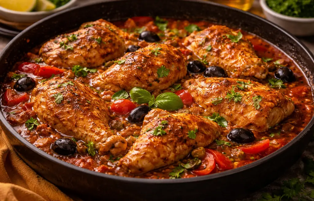 Chicken Cacciatore made with Zorabian Chicken Curry Cut braised in a rich tomato sauce with black olives, capers, red peppers and fresh basil in a dark skillet