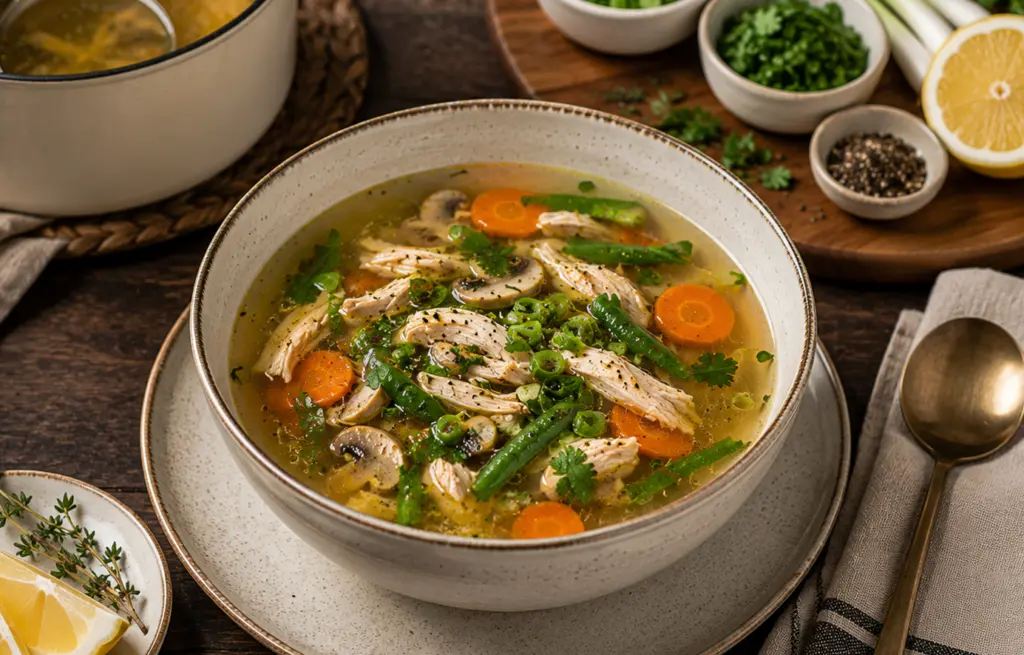Chicken clear soup made with Zorabian Chicken Soup Pieces in a golden broth with shredded chicken, carrot rounds, French beans, mushrooms, spring onion and fresh coriander in a speckled ceramic bowl