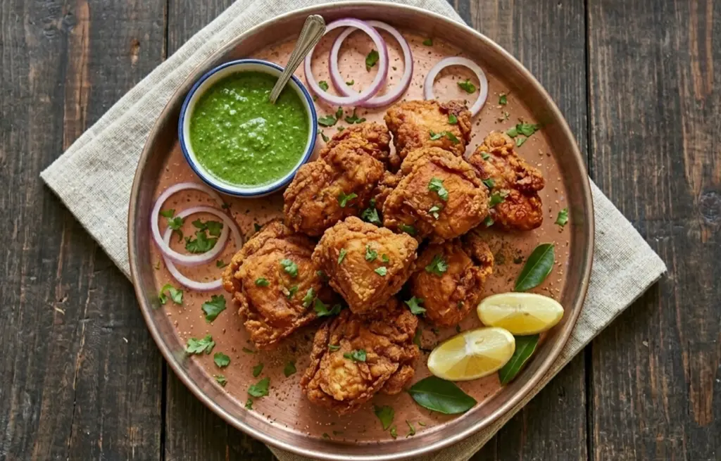 Overhead view of Mumbai-style Chicken Koliwada made with Zorabian Boneless Chicken on a copper thali with green chutney, red onion rings, curry leaves and lemon wedges