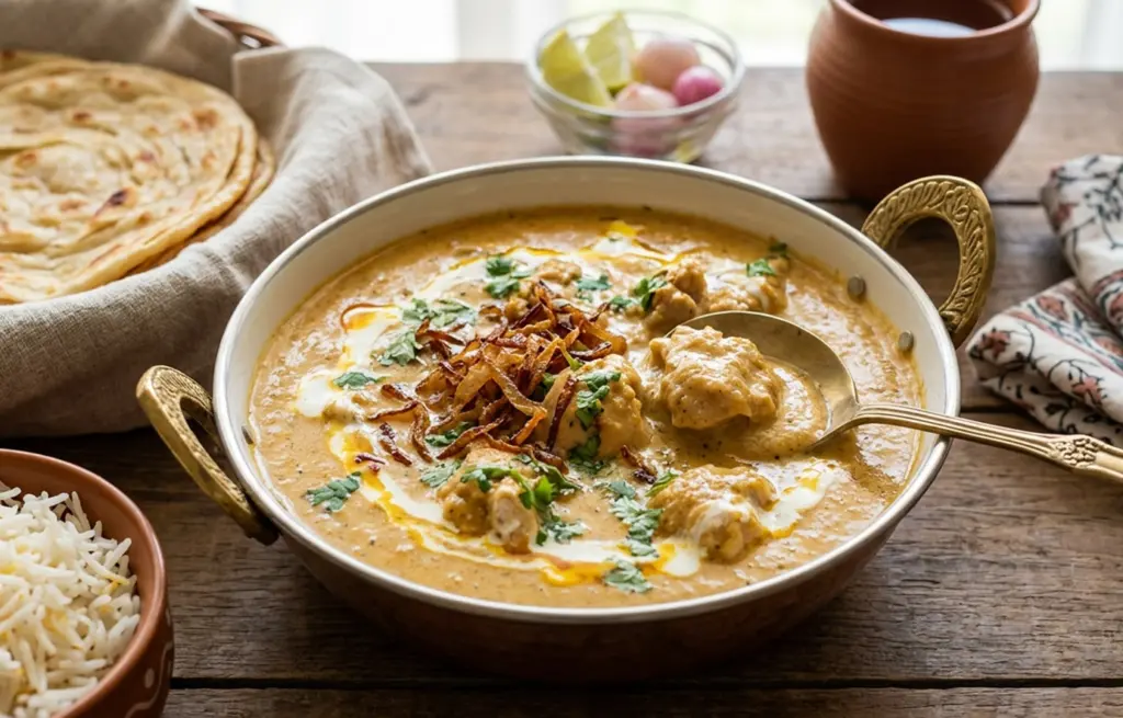 Chicken Nizami made with Zorabian Boneless Chicken Breast in a velvety cashew and poppy seed gravy with saffron, cream swirl and fried onions in a brass-handled kadai, served with lachha paratha and basmati rice