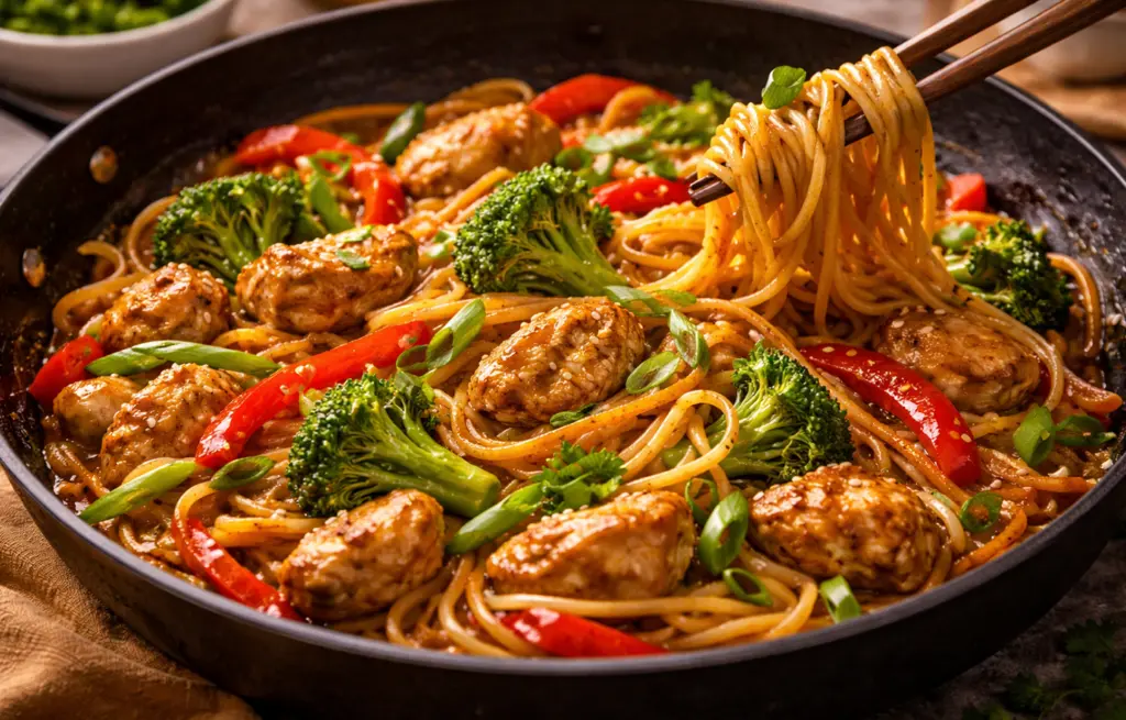 Chicken noodle stir-fry with Zorabian Boneless Chicken Cubes, egg noodles, broccoli, red bell pepper and green onions in a glossy soy sauce, served in a dark wok with chopsticks