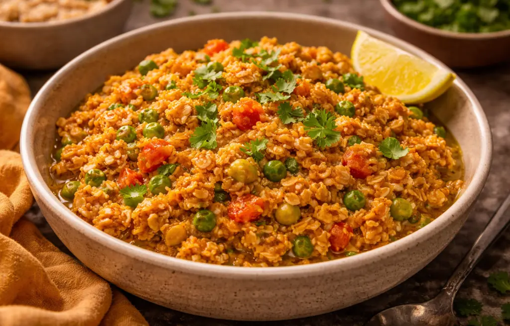 Savoury chicken oats made with Zorabian Chicken Mince, rolled oats, tomatoes, green peas and Indian spices in a speckled ceramic bowl with a lemon wedge and fresh coriander