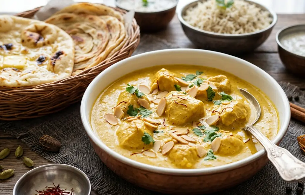 ucknowi Chicken Pasanda made with Zorabian Boneless Chicken Breast in a rich almond and saffron cream sauce, garnished with toasted flaked almonds and fresh coriander, served with naan and steamed rice