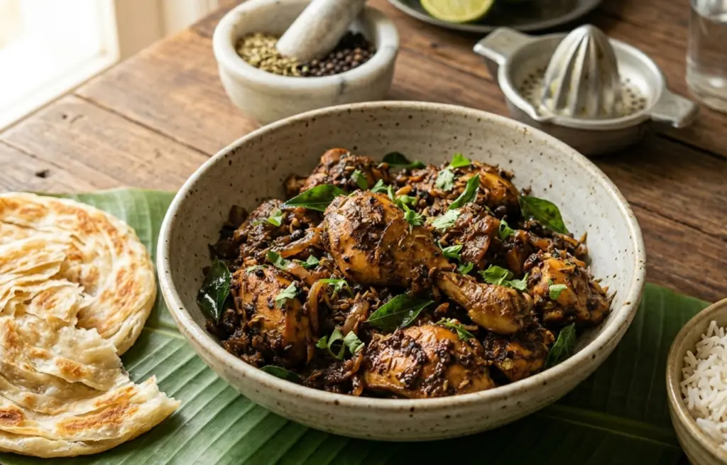 South Indian Chicken Pepper Fry made with Zorabian Chicken Curry Cut in a thick dry-roasted black pepper and curry leaf masala, served with Kerala parotta on a banana leaf and steamed rice
