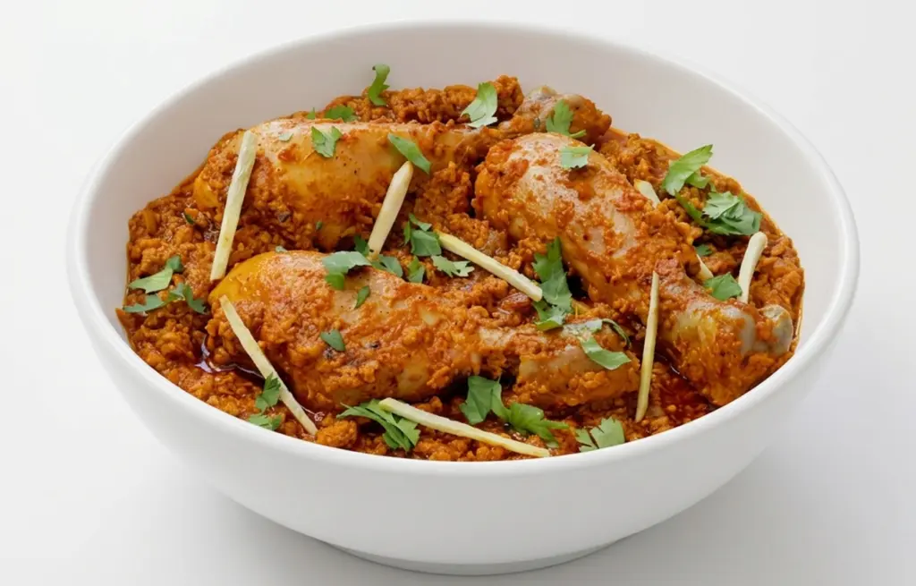 Punjabi Chicken Rara made with Zorabian Chicken Curry Cut and Chicken Mince in a thick spiced masala gravy, garnished with ginger juliennes and fresh coriander in a white bowl