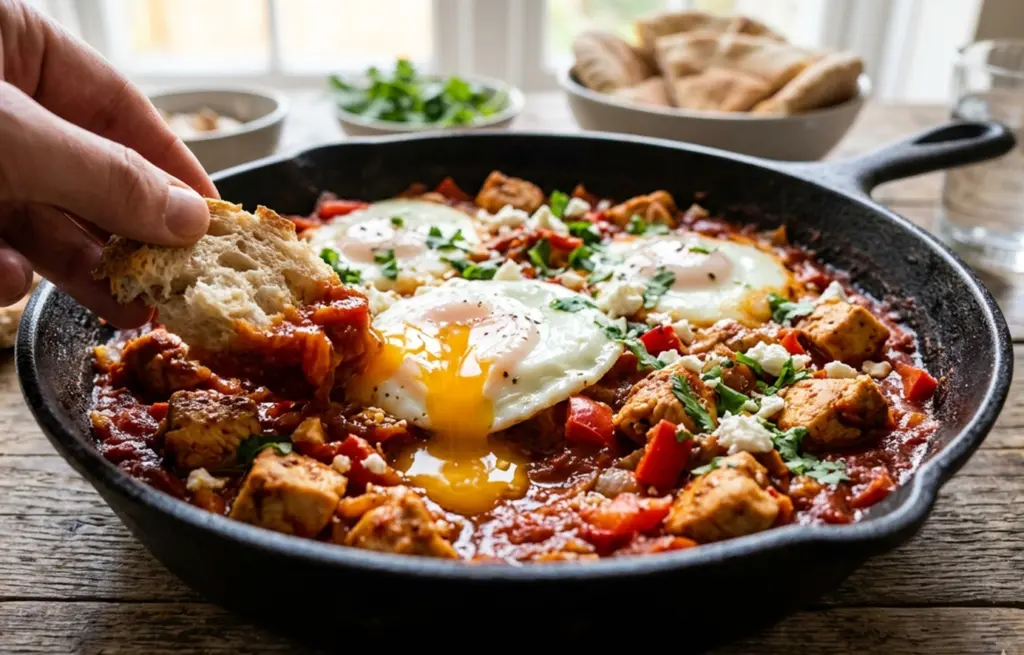 Chicken shakshuka in a cast iron skillet with Zorabian Boneless Chicken Cubes, runny poached eggs, red bell pepper, crumbled feta and fresh coriander, with a hand dipping crusty bread into the sauce