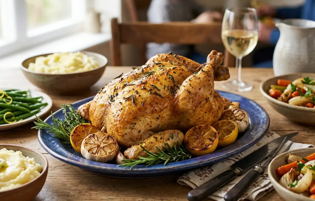 Whole herb butter roast chicken on a blue ceramic platter with roasted lemon, garlic and fresh rosemary, served with mashed potatoes, green beans and roasted vegetables
